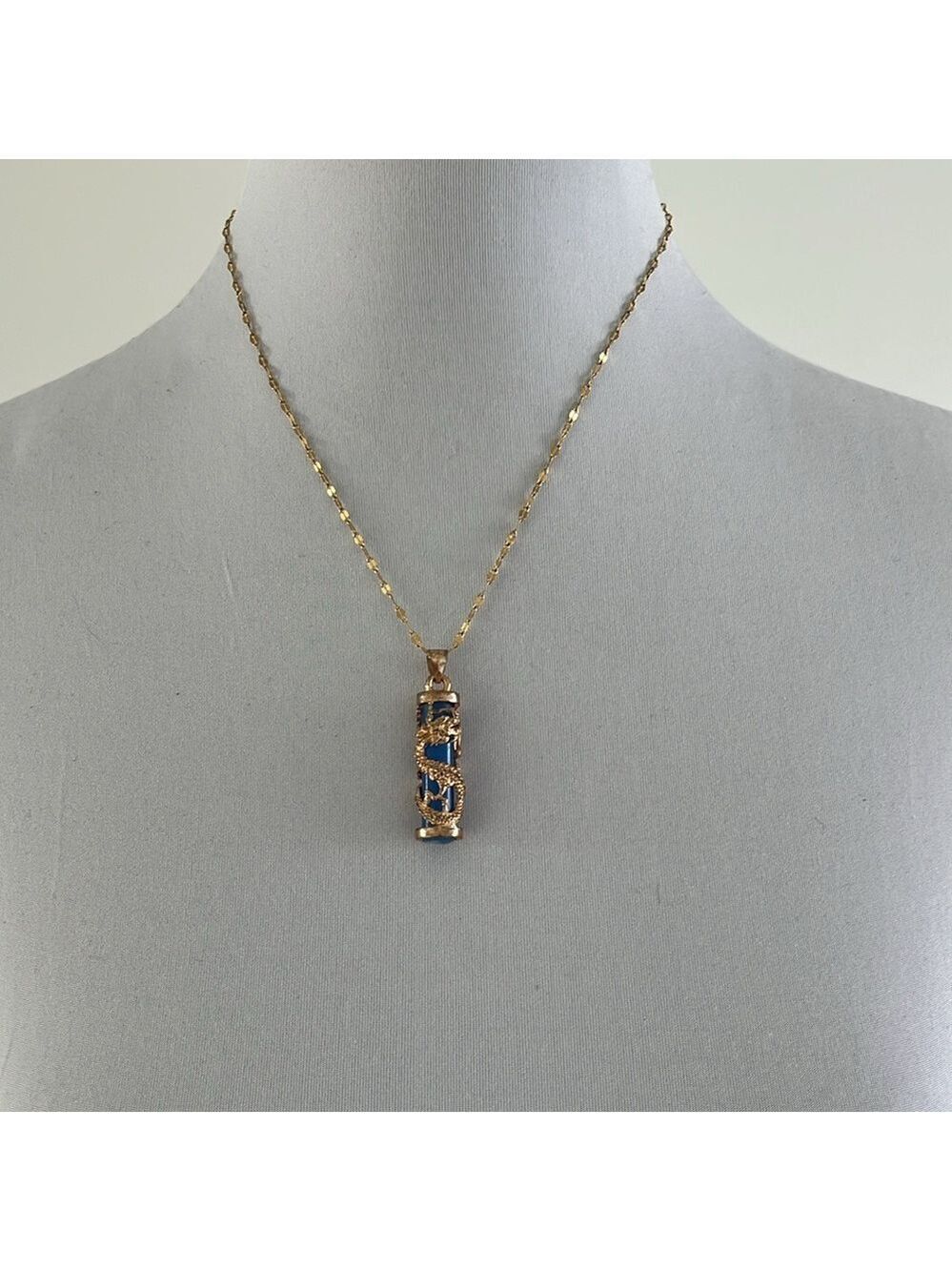 DRAGON Blue Pendant Stainless Steel Dainty Gold Tone Chain Mythical Magic Whimsy